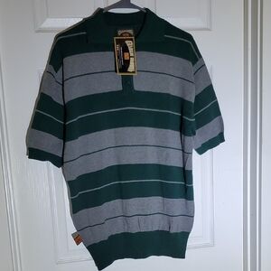 Original FB County Charlie Browns Green and Gray Striped Knit Sweater Polo Shirt